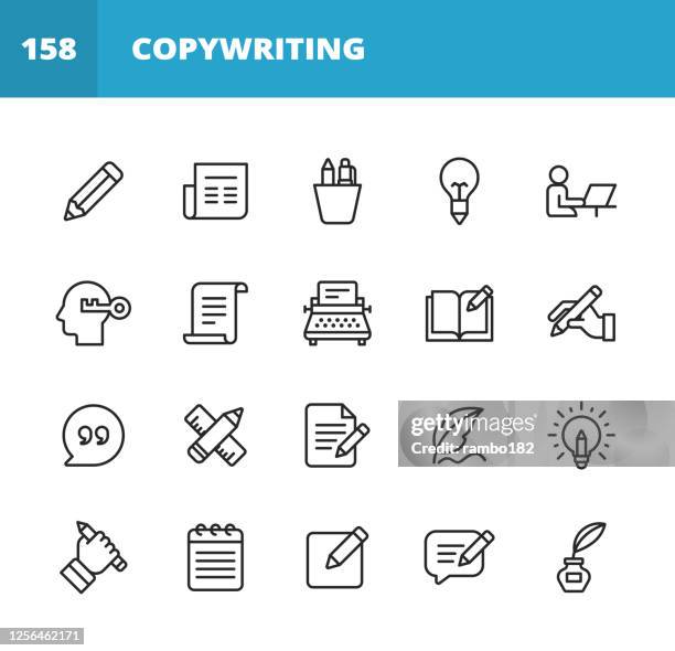 stockillustraties, clipart, cartoons en iconen met tekstschrijven lijnpictogrammen. bewerkbare lijn. pixel perfect. voor mobiel en web. bevat iconen als potlood, krant, tijdschrift, pen, schrijven, lezen, brainstormen, creativiteit, typewriter, marketing, boek, notebook, quote, toetsenbord, idee, typografi - intellectueel eigendom