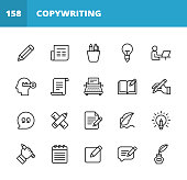 Copywriting Line Icons. Editable Stroke. Pixel Perfect. For Mobile and Web. Contains such icons as Pencil, Newspaper, Magazine, Pen, Writing, Reading, Brainstorming, Creativity, Typewriter, Marketing, Book, Notebook, Quote, Keyboard, Idea, Typography.