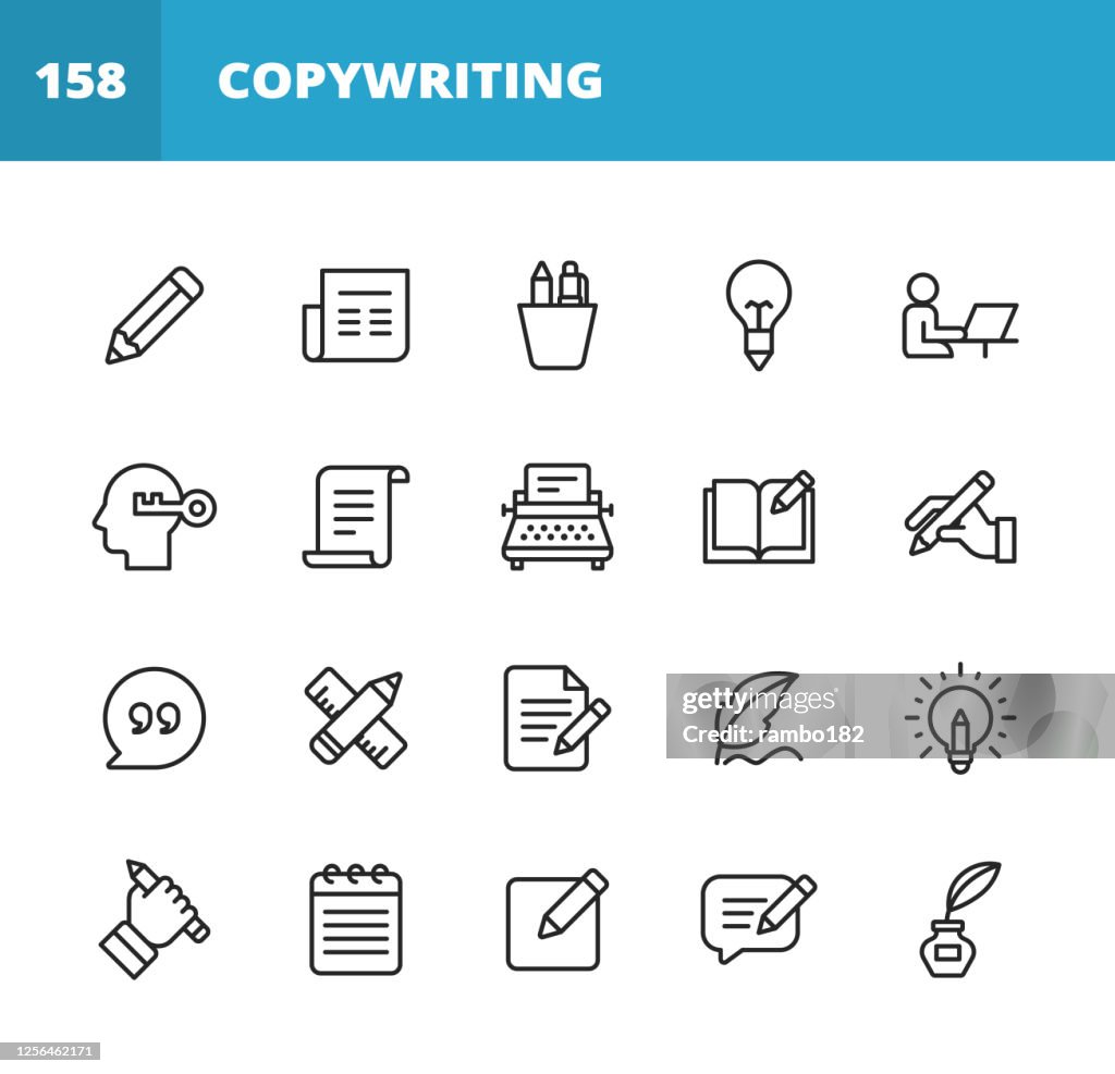 Copywriting Line Icons. Editable Stroke. Pixel Perfect. For Mobile and Web. Contains such icons as Pencil, Newspaper, Magazine, Pen, Writing, Reading, Brainstorming, Creativity, Typewriter, Marketing, Book, Notebook, Quote, Keyboard, Idea, Typography.