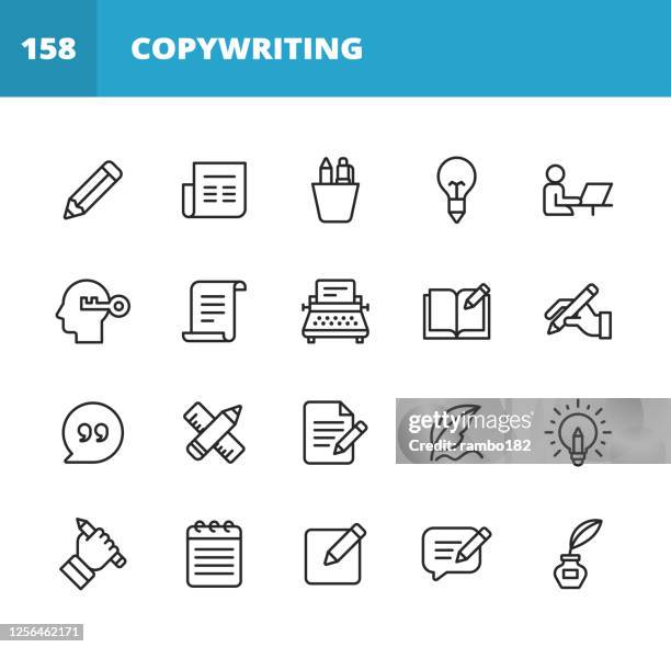 文案書寫線圖示。可編輯描邊。圖元完美。用於行動和 web。包含鉛筆,報紙,雜誌,筆,寫作,閱讀,頭腦風暴,創造力,打字機,行銷,書籍,筆記本,報價,鍵盤,想法,排版等圖示。 - creative occupation 幅插畫檔、美工圖案、卡通及圖標