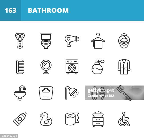 bathroom line icons. editable stroke. pixel perfect. for mobile and web. contains such icons as razor, toilet, hair dyer, towel, hanger, comb, mirror, washing machine, perfume, faucet, sink, weight scale, soap, soap container, toilet paper, bathtub. - taking a bath stock illustrations