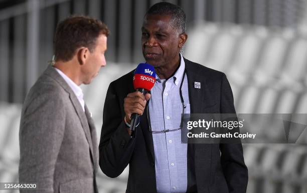 Sky Sports Broadcaster Michael Holding speaks to colleague Michael Atherton prior to Day One of the 2nd Test Match in the #RaiseTheBat Series between...