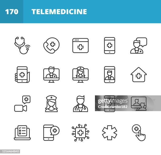 ilustraciones, imágenes clip art, dibujos animados e iconos de stock de iconos de línea de telemedicina. trazo editable. pixel perfecto. para móviles y web. contiene iconos tales como estetoscopio, telemedicina, atención sanitaria digital, videollamada con médico, consulta en línea, enfermera, médico, inteligencia artifi - computer virus