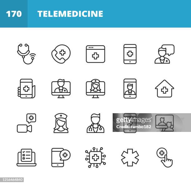 telemedicine line icons. editable stroke. pixel perfect. for mobile and web. contains such icons as stethoscope, telemedicine, digital healthcare, video call with doctor, online consultation, nurse, doctor, artificial intelligence in healthcare. - doctor stock illustrations