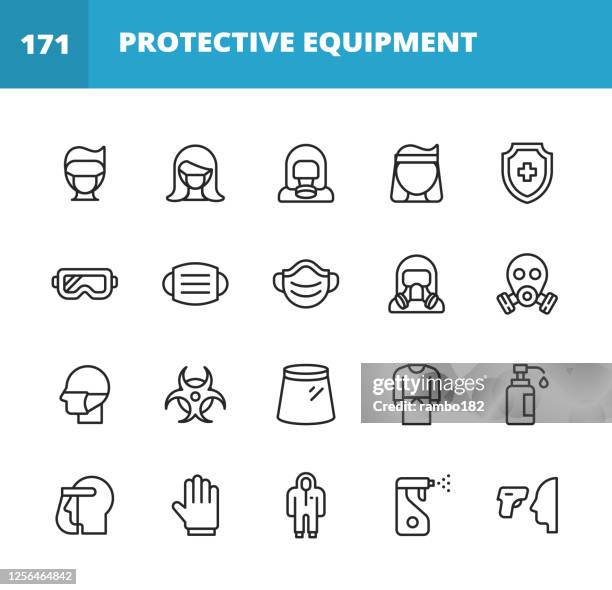 protective equipment line icons. editable stroke. pixel perfect. for mobile and web. contains such icons as hazmat suit, face mask, hand washing, gas mask, surgeon mask, gloves, hand washing, cleaning, thermometer, temperature gun, hand sanitizer. - hazmat stock illustrations