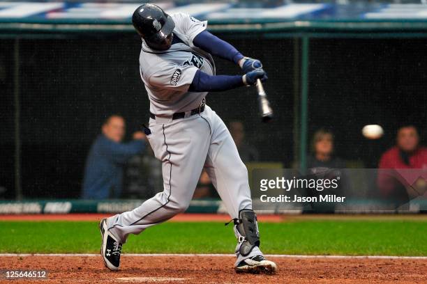 Trayvon Robinson of the Seattle Mariners hits a two RBI single during the third inning against the Cleveland Indians at Progressive Field on...