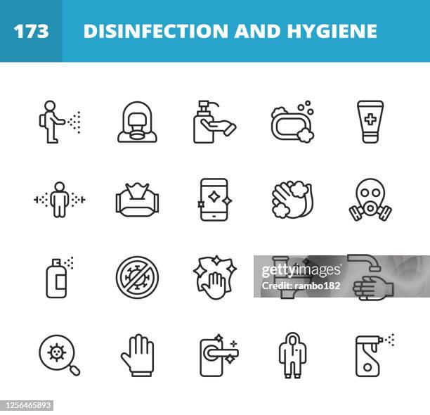 disinfection and hygiene line icons. editable stroke. pixel perfect. for mobile and web. contains such icons as herd immunity, hazmat suit, sterilization, hand washing, wet wipes, spray cleaner, cleaning, virus testing, latex gloves. - disinfection stock illustrations