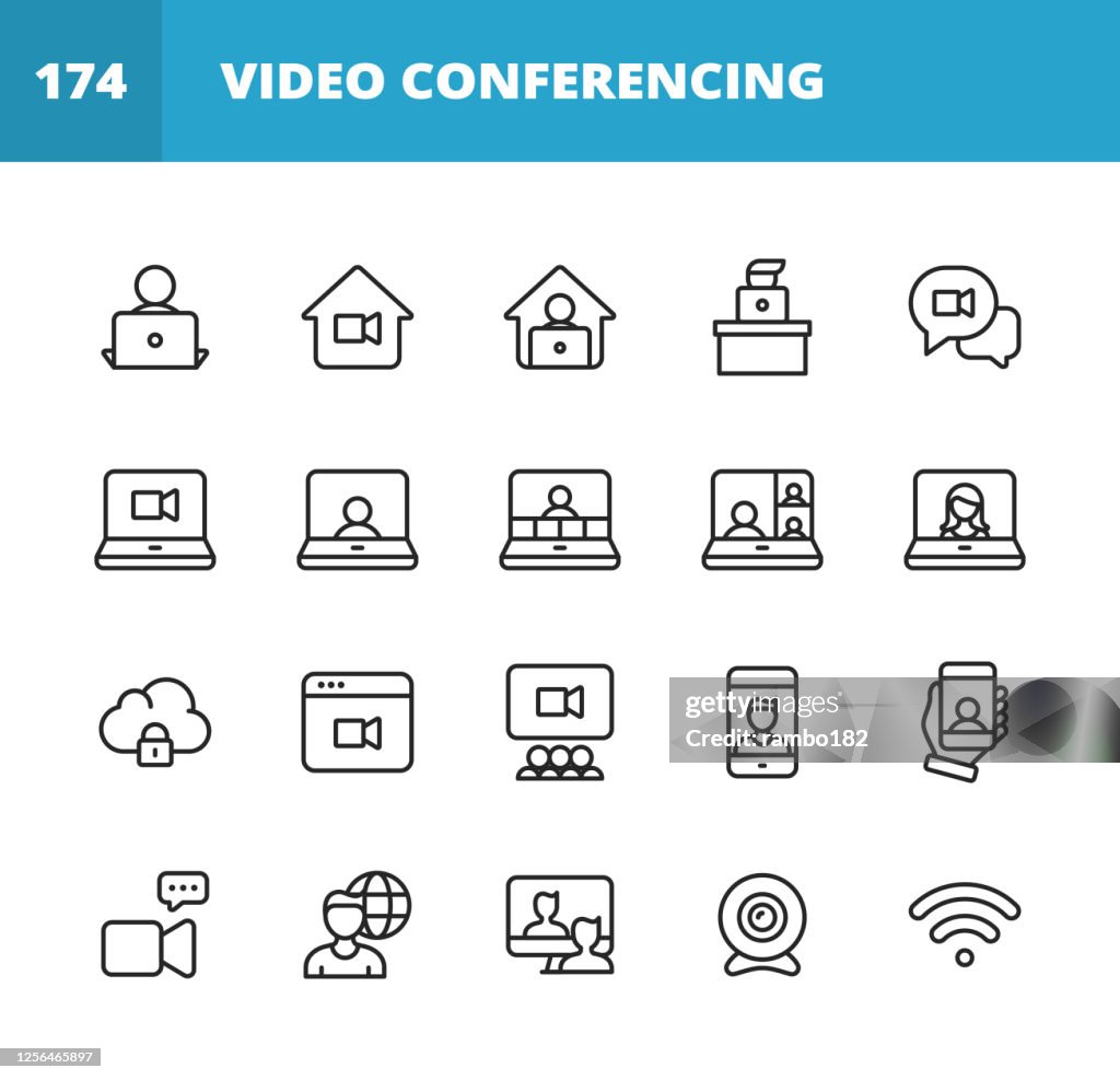 Iconos de línea de conferencia de vídeo. Trazo editable. Pixel perfecto. Para móviles y web. Contiene iconos como Cámara, Video Chat, Mensajería en línea, Videoconsercador, Webinar, Trabajo Remoto, Trabajo en Equipo, Aprendizaje Remoto, Freelancer, T