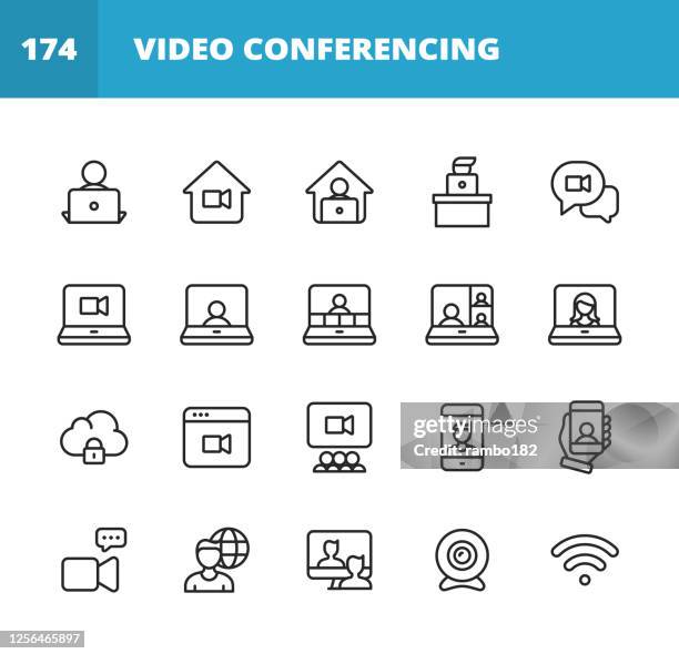 ilustraciones, imágenes clip art, dibujos animados e iconos de stock de iconos de línea de conferencia de vídeo. trazo editable. pixel perfecto. para móviles y web. contiene iconos como cámara, video chat, mensajería en línea, videoconsercador, webinar, trabajo remoto, trabajo en equipo, aprendizaje remoto, freelancer, t - computer virus