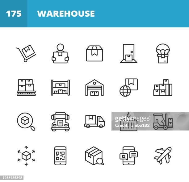 ilustrações de stock, clip art, desenhos animados e ícones de warehouse and distribution line icons. editable stroke. pixel perfect. for mobile and web. contains such icons as package, delivery, box, shipment, assembly line, inventory, garage, forklift, barcode, plane, logistics, distribution center, truck. - pickup