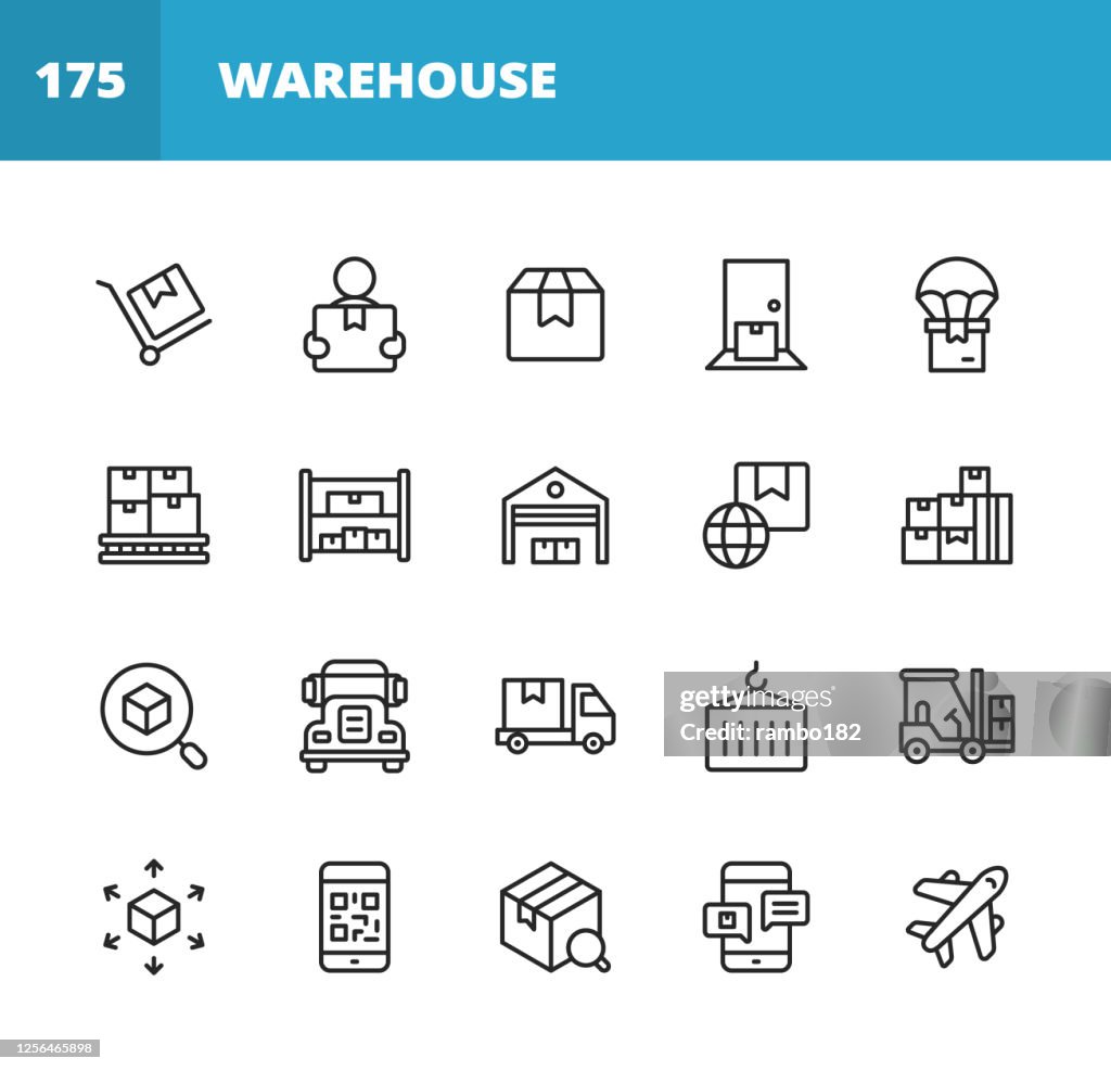 Warehouse and Distribution Line Icons. Editable Stroke. Pixel Perfect. For Mobile and Web. Contains such icons as Package, Delivery, Box, Shipment, Assembly Line, Inventory, Garage, Forklift, Barcode, Plane, Logistics, Distribution Center, Truck.