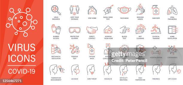 ilustraciones, imágenes clip art, dibujos animados e iconos de stock de virus - conjunto de iconos de línea fina. dos colores - rojo y negro. ilustración vectorial de coronavirus - nose mask
