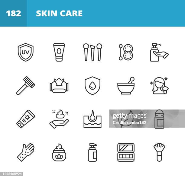 hautpflege linie icons. bearbeitbarer strich. pixel perfekt. für mobile und web. enthält wie hautpflege, spa, kosmetik, wellness, make-up, hygiene, feuchtigkeitscreme, dermatologie, lifting, bad, gesichtsmaske, detox, peeling, chirurgie, falten, seife, p - anatomical model stock-grafiken, -clipart, -cartoons und -symbole