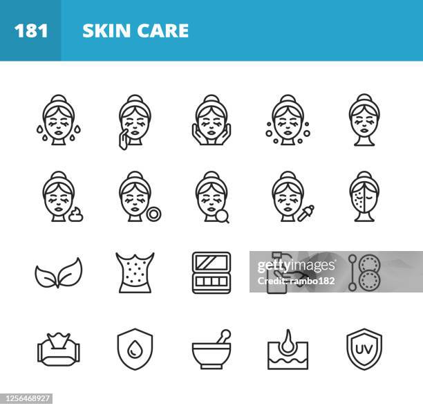 stockillustraties, clipart, cartoons en iconen met skin care line iconen. bewerkbare lijn. pixel perfect. voor mobiel en web. bevat iconen als huidverzorging, spa, cosmetica, wellness, make up, hygiëne, moisturizer, dermatologie, lifting, bath, face mask, detox, peeling, chirurgie, rimpel, zeep, parfum. - schoonheidsspecialist natuur