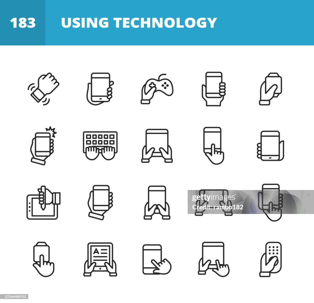Using Technology Line Icons. Editable Stroke. Pixel Perfect. For Mobile and Web. Contains such icons as Smartwatch, Smartphone, Laptop,Tablet, Keyboard, Video Games, E-Reader, Notification, Taking Selfie, Work From Home, Video Conference, Technology.