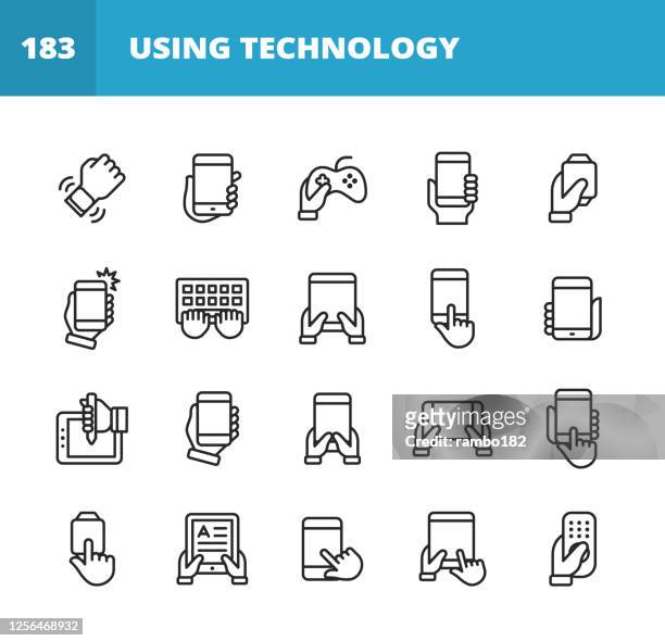 using technology line icons. editable stroke. pixel perfect. for mobile and web. contains such icons as smartwatch, smartphone, laptop,tablet, keyboard, video games, e-reader, notification, taking selfie, work from home, video conference, technology. - human hand stock illustrations