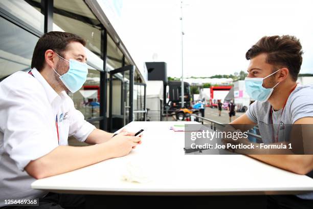 Max Fewtrell of Great Britain and Hitech Grand Prix talks to the media in the Paddock during previews for the Formula 3 Championship at Hungaroring...