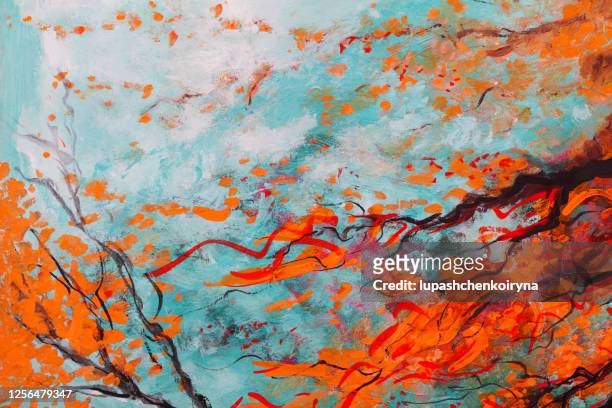 illustration landscape leaf fall in autumn park trees with red leaves against a blue sky allegory wind golden leaves artwork oil painting on canvas impressionism - surrealism stock illustrations