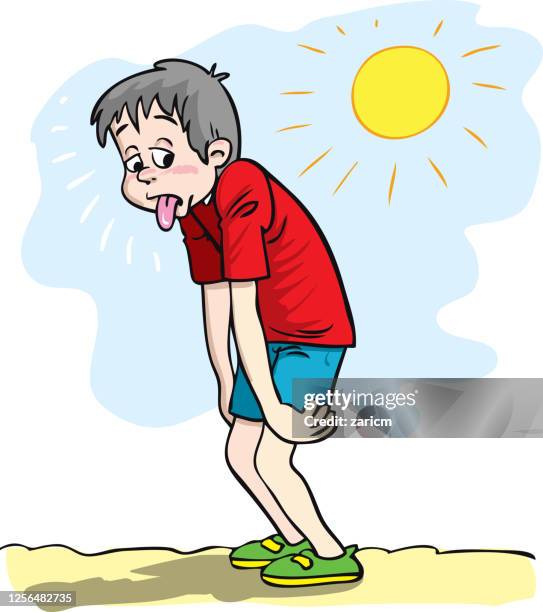 ilustrações de stock, clip art, desenhos animados e ícones de illustration of a boy sweating summer days - cartoon hot