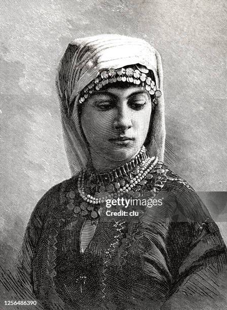 woman  from arcadia, headshot with headscarf - arcadia greece stock illustrations