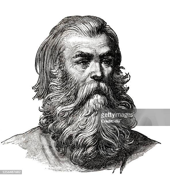 illustrazioni stock, clip art, cartoni animati e icone di tendenza di capo carattere di un contadino russo, barba lunga, sfondo bianco - beard