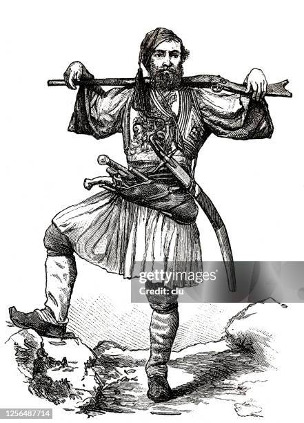 man from arcadia, standing outdoor holding a rifle on the shoulder - arcadia greece stock illustrations