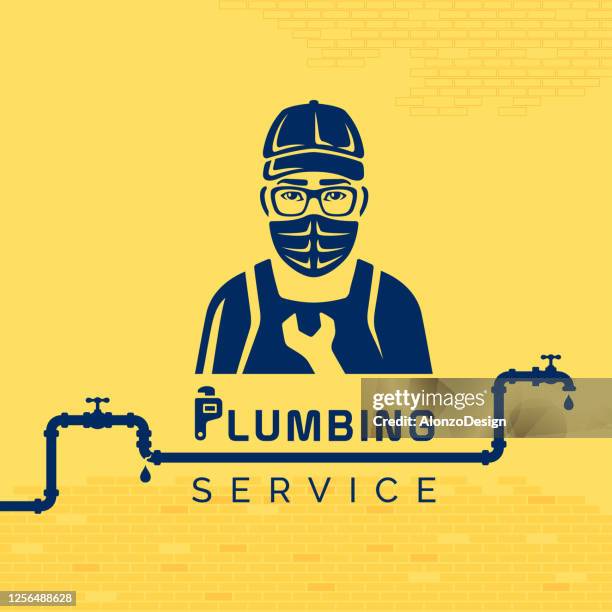 plumber with face mask. coronavirus time. - plumber tools background stock illustrations