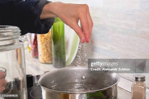 cooking italian pasta with cream sauce and basil, at home. a girl or woman adds salt to boiling water. next to it, raw macaroni in a glass jar. vegetarian food. step-by-step instructions, do it yourself. step 2. - sal de cozinha - fotografias e filmes do acervo