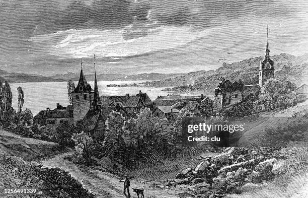 sempachersee, a lake near sursee in the swiss canton of lucerne - cartoon church stock illustrations