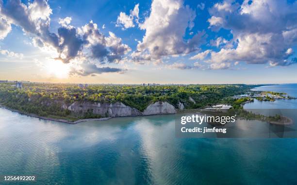 aerial bluffers park - cliff park panoramic view,  scarborough, canada - aerial public park stock pictures, royalty-free photos & images