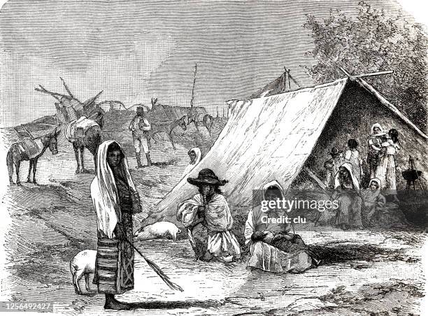 gypsy people in the camp - camping friends stock illustrations