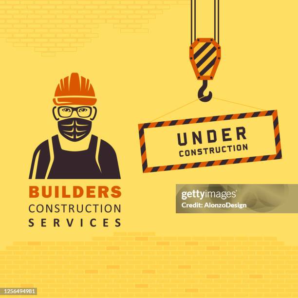 manual worker with surgical mask. construction logo. coronavirus. - construction worker covid stock illustrations