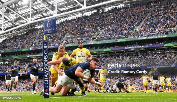 Dublin , Ireland - 20 May 2023; Dan Sheehan of Leinster dives over to score his side's third try during the Heineken Champions Cup Final match...