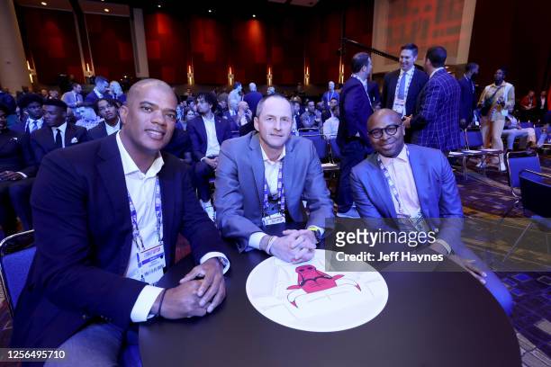 General Manager Marc Eversley, Executive VP of basketball operations Arturas Karnisovas, and Assistant GM JJ Polk of the Chicago Bulls attend the...