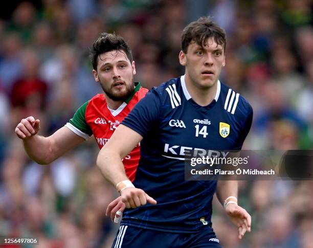 Kerry , Ireland - 20 May 2023; Pádraig O'Hora of Mayo and David Clifford of Kerry during the GAA Football All-Ireland Senior Championship Round 1...