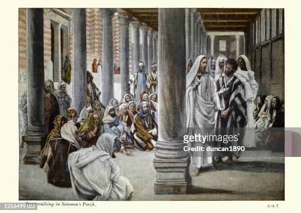 jesus walks in the portico of solomon, new testament art - james tissot stock illustrations