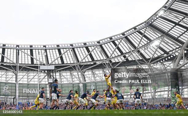 La Rochelle's French lock Romain Sazy grabs the ball in a line-out during the European Champions Cup final rugby union match between Leinster and La...