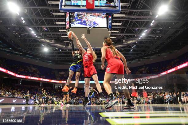Lorela Cubaj of the Atlanta Dream blocks the shot during the game against the Dallas Wings on May 20, 2023 at the College Park Center in Arlington,...