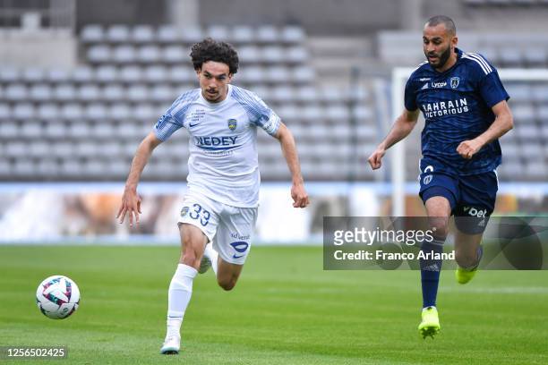 Nolan GALVES of Sochaux and Khalid BOUTAIB of Paris FC during the Ligue 2 BKT match between Paris FC and Sochaux at Stade Charlety on May 20, 2023 in...