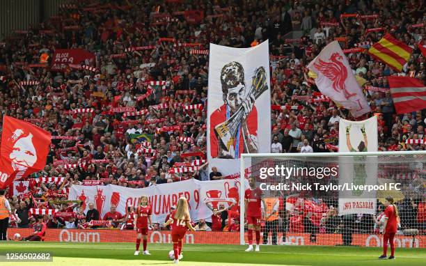 General View of the Spion Kop before the Premier League match between Liverpool FC and Aston Villa at Anfield on May 20, 2023 in Liverpool, United...