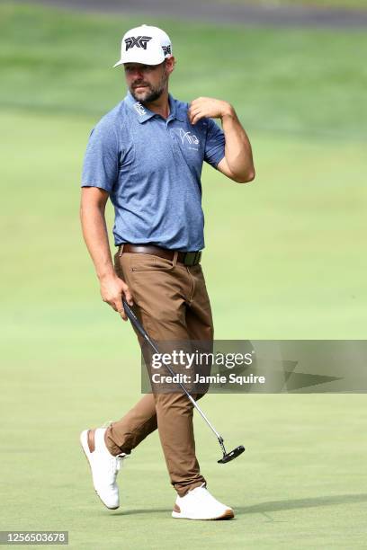 Ryan Moore of the United States looks over the second green during the first round of The Memorial Tournament on July 16, 2020 at Muirfield Village...