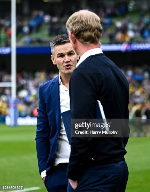 Dublin , Ireland - 20 May 2023; Jonathan Sexton, left, and Leinster head coach Leo Cullen after the Heineken Champions Cup Final match between...