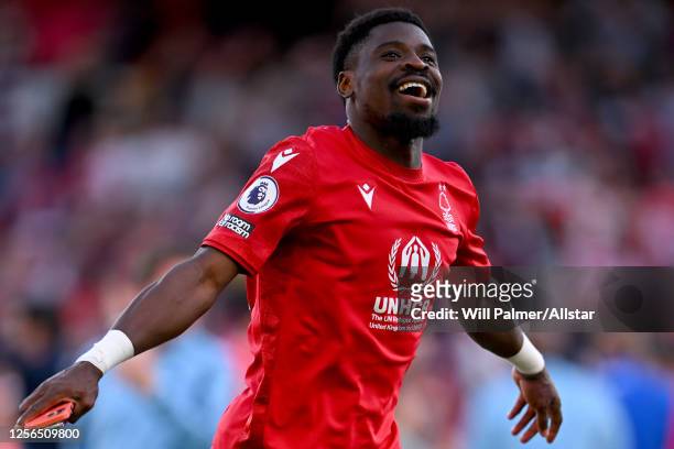 Serge Aurier of Nottingham Forest celebrates after the Premier League match between Nottingham Forest and Arsenal FC at City Ground on May 20, 2023...