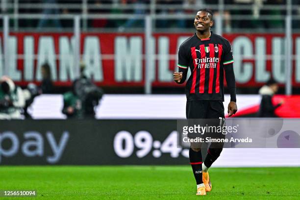 Rafael Leao of Milan celebrates after scoring a goal during the Serie A match between AC Milan and UC Sampdoria at Stadio Giuseppe Meazza on May 20,...