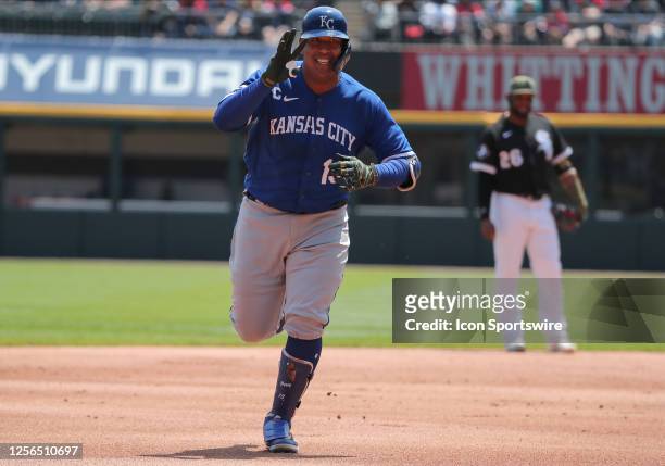 Kansas City Royals catcher Salvador Perez reacts after hitting home run in the first inning during a Major League Baseball game between the Kansas...