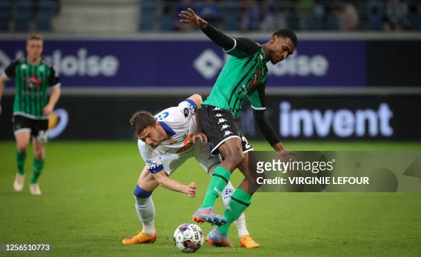 Gent's Hugo Cuypers and Cercle's Jean Harisson Marcelin fight for the ball during a soccer match between KAA Gent and Cercle Brugge, Saturday 20 May...