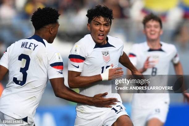 S midfielder Jonathan German Gomez celebrates after scoring a goal during the Argentina 2023 U-20 World Cup Group B football match between USA and...