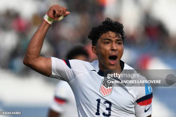 S midfielder Jonathan German Gomez celebrates after scoring a goal during the Argentina 2023 U-20 World Cup Group B football match between USA and...