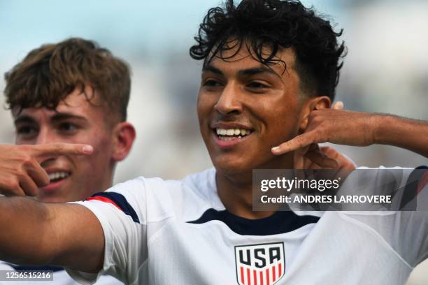 S midfielder Jonathan German Gomez celebrates after scoring a goal during the Argentina 2023 U-20 World Cup Group B football match between USA and...