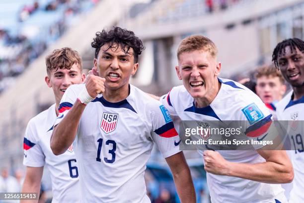 Jonathan Gomez of United States celebrating his goal with his teammate Brandan Craig during FIFA U-20 World Cup Argentina 2023 Group B match between...